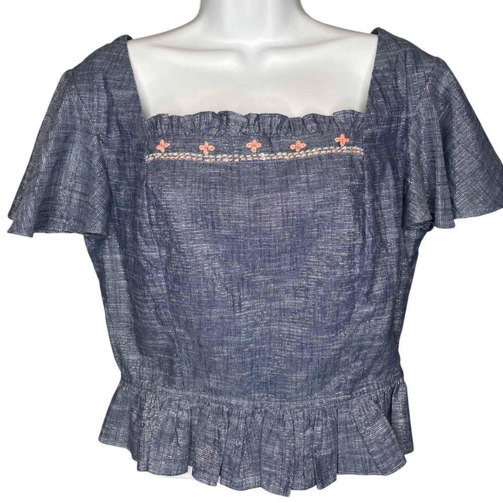 Pankaj & Nidhi Womens Blue Embroidered Square Neck Peplum Top S Boho Regencycore
